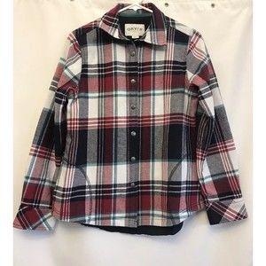 Orvis Small Womens Red Navy White Plaid Flannel Snap Button Shirt Jacket Shacket